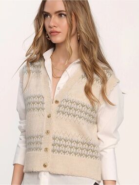 Heartloom Cream Knit Patterned Button Vest with Light Blue Accents